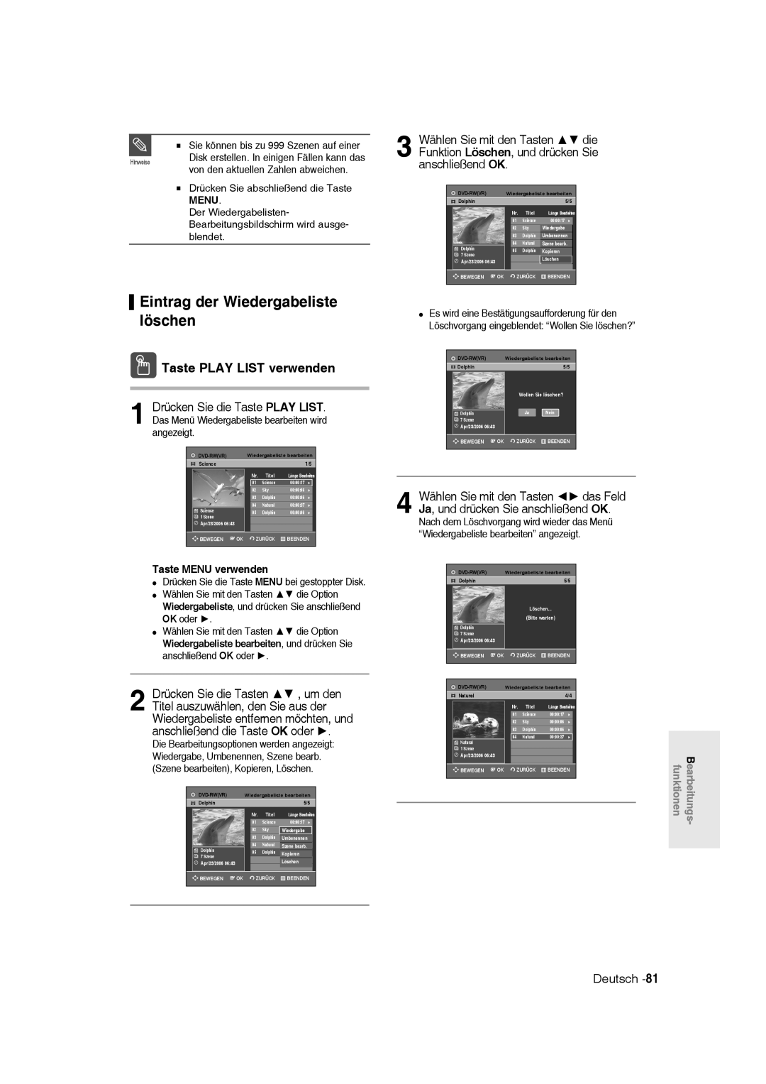 Samsung DVD-R136/XEG, DVD-R135/XEG, DVD-R135/XEB manual Eintrag der Wiedergabeliste löschen 