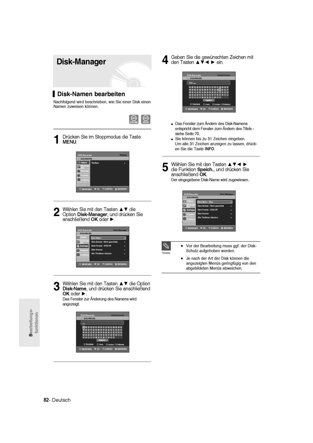 Samsung DVD-R135/XEG, DVD-R136/XEG manual Disk-Manager, Disk-Namen bearbeiten, Der eingegebene Disk-Name wird zugewiesen 