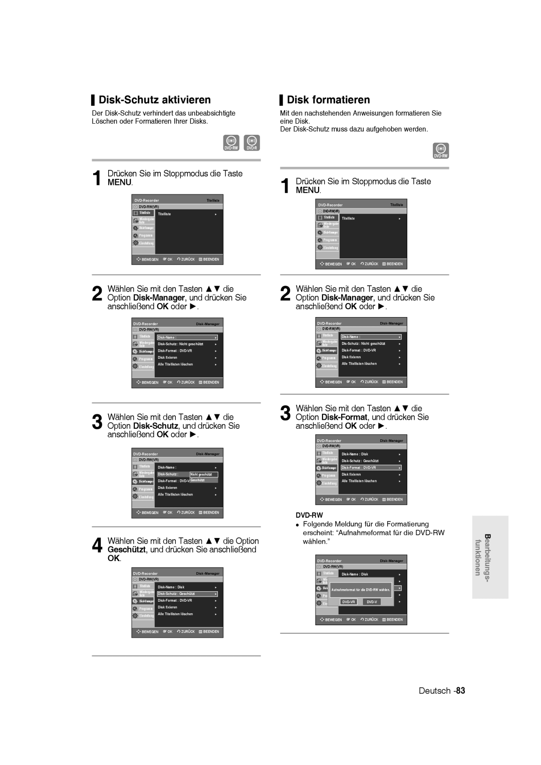 Samsung DVD-R135/XEB, DVD-R136/XEG, DVD-R135/XEG manual Disk-Schutz aktivieren, Disk formatieren 