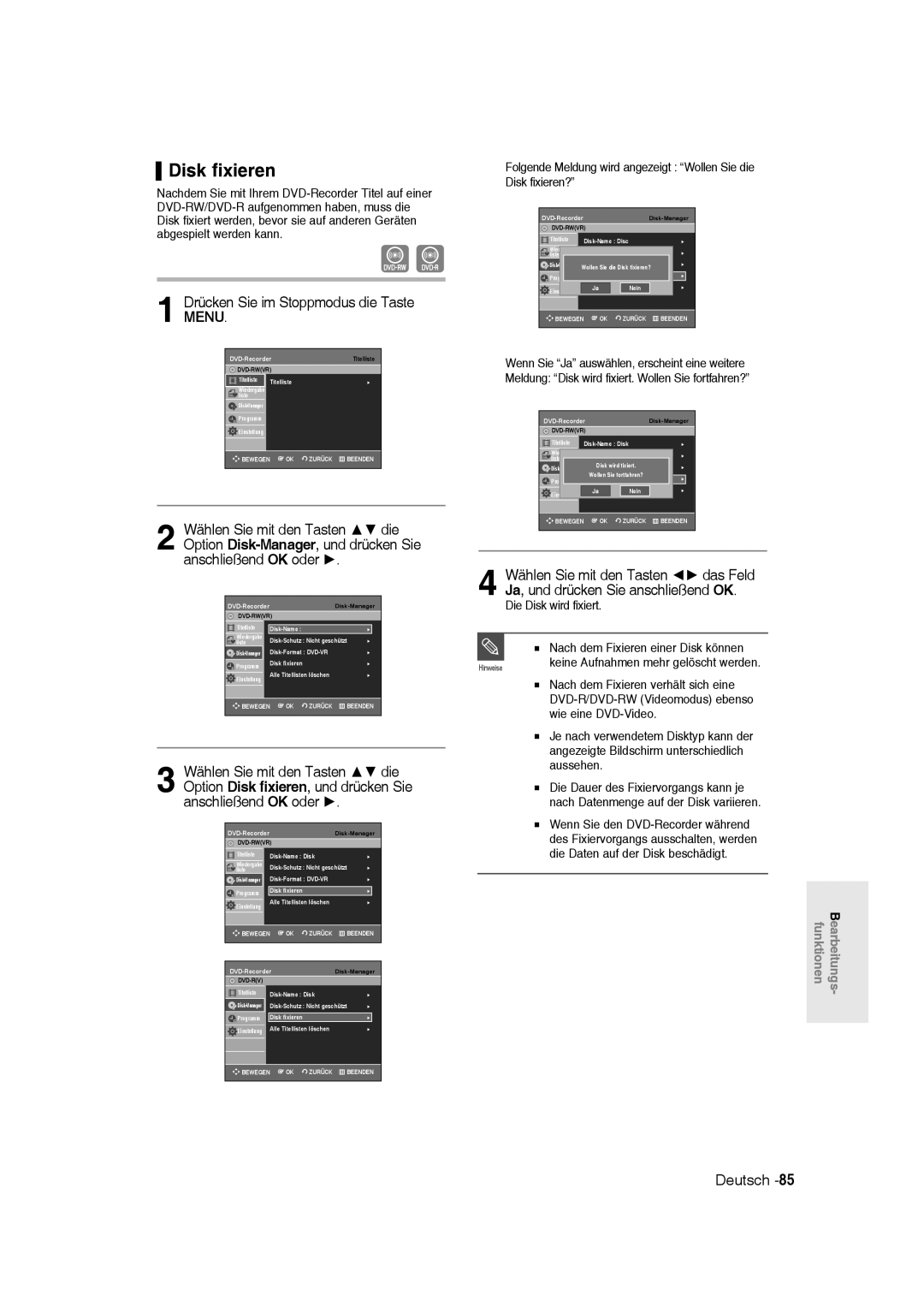 Samsung DVD-R135/XEG, DVD-R136/XEG, DVD-R135/XEB manual Disk fixieren, Die Disk wird fixiert 