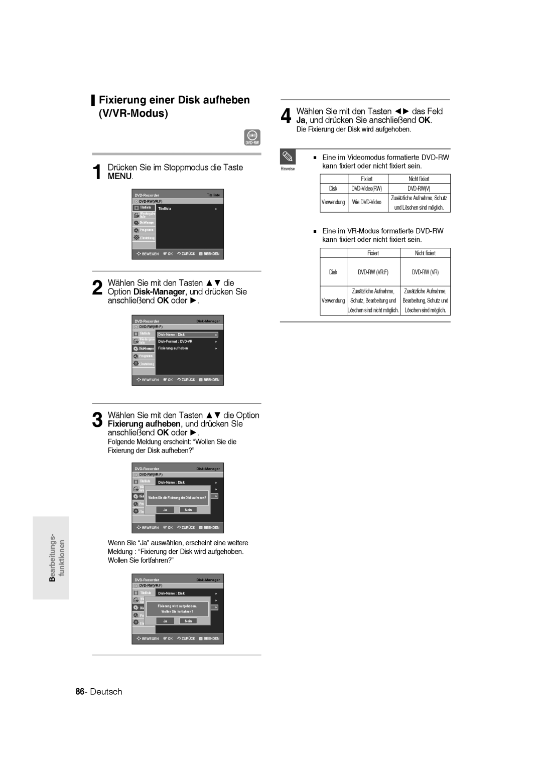 Samsung DVD-R135/XEB, DVD-R136/XEG manual Fixierung einer Disk aufheben V/VR-Modus, Die Fixierung der Disk wird aufgehoben 