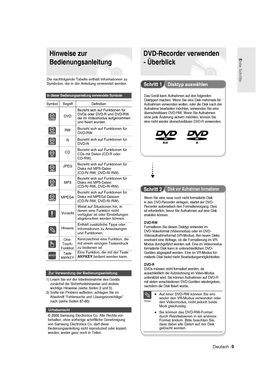 Samsung DVD-R136/XEG, DVD-R135/XEG Hinweise zur Bedienungsanleitung, DVD-Recorder verwenden Überblick, Disktyp auswählen 