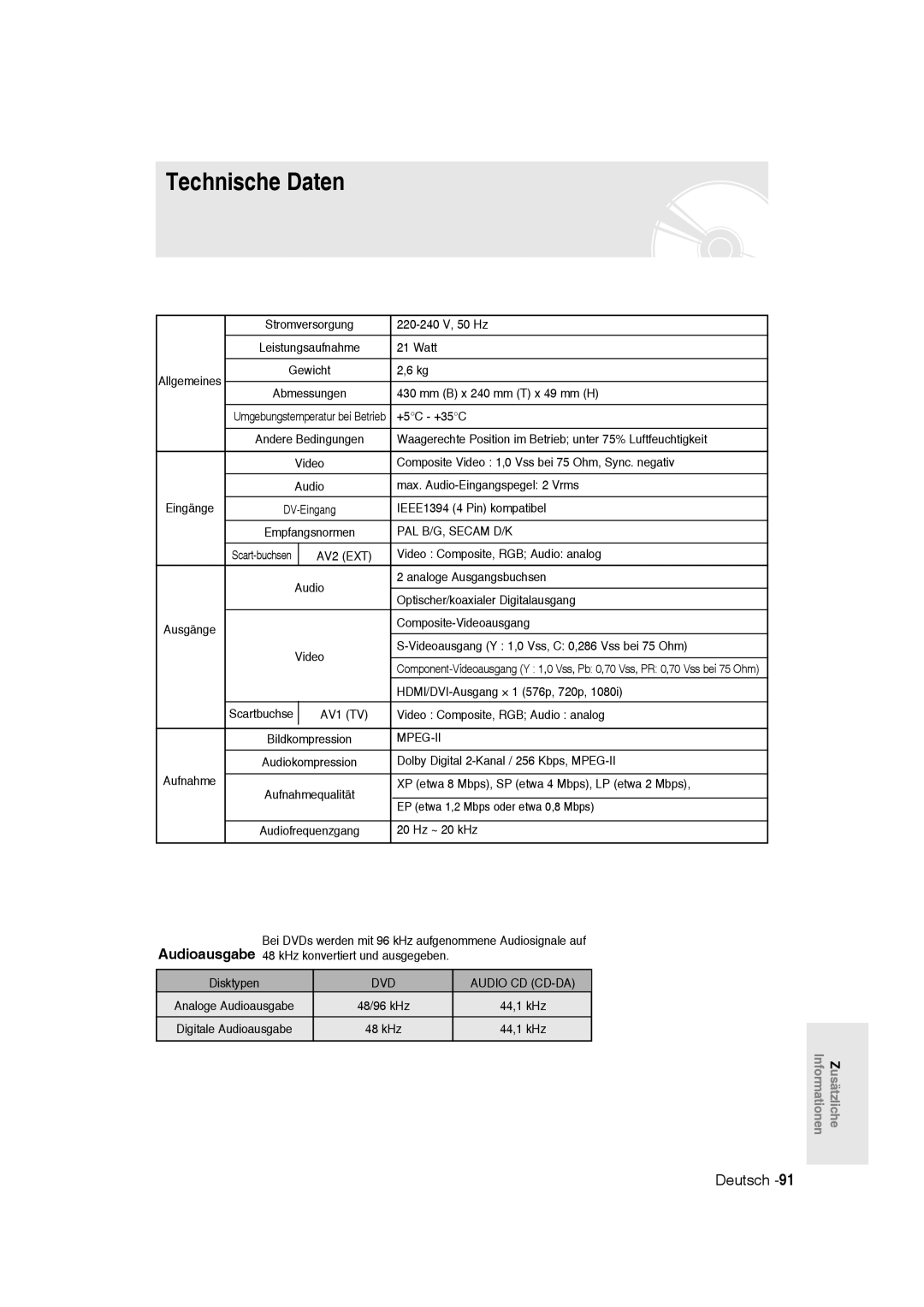 Samsung DVD-R135/XEG, DVD-R136/XEG, DVD-R135/XEB manual Technische Daten 