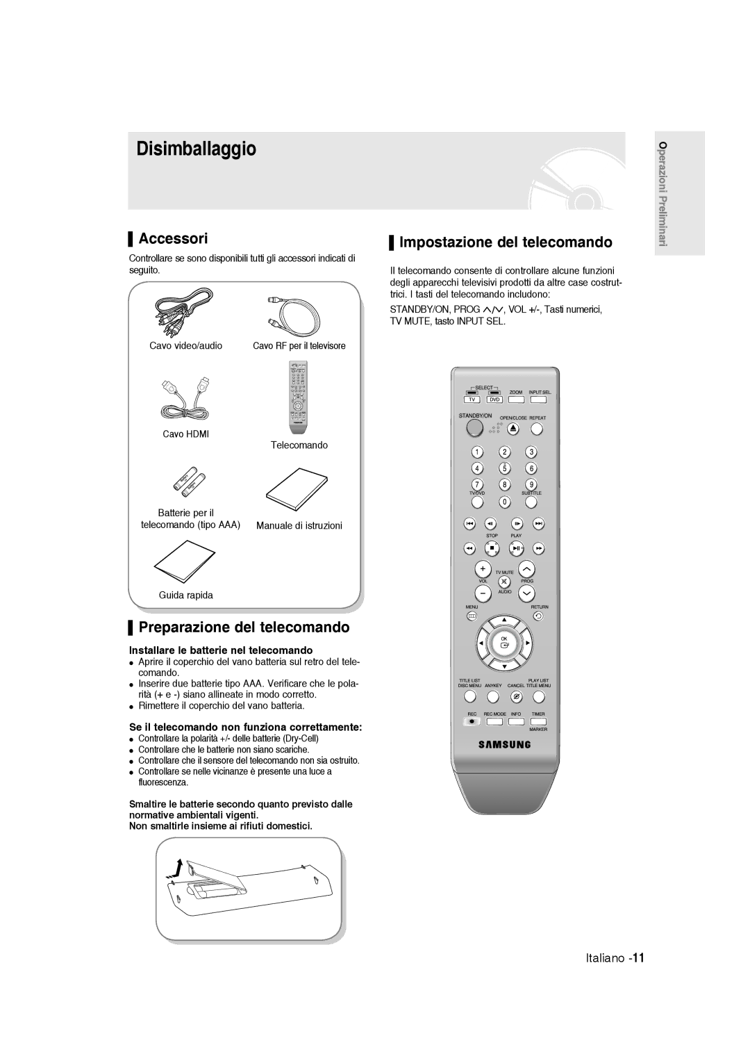 Samsung DVD-R136/XET manual Disimballaggio, Accessori, Preparazione del telecomando, Impostazione del telecomando 