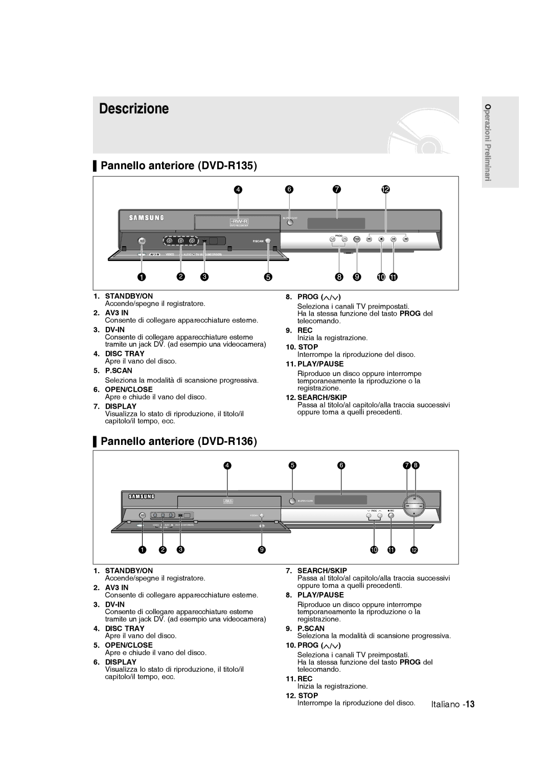 Samsung DVD-R136/XET manual Descrizione, Pannello anteriore DVD-R135, Pannello anteriore DVD-R136 