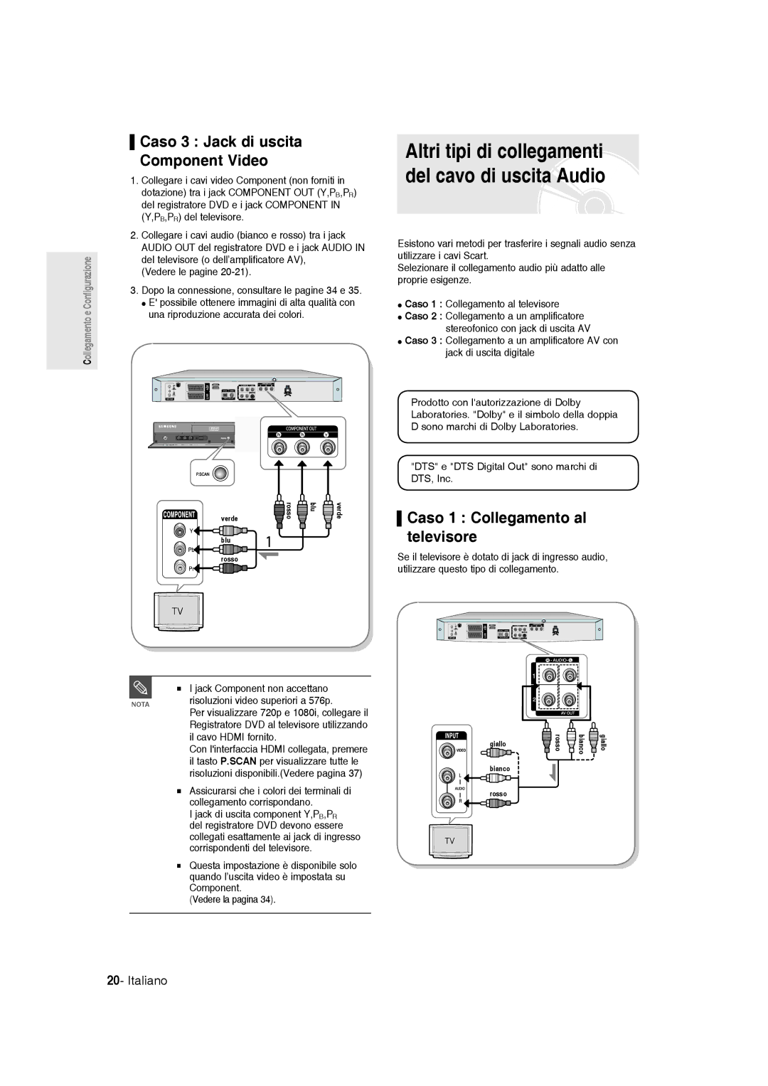 Samsung DVD-R136/XET manual Caso 3 Jack di uscita Component Video, Caso 1 Collegamento al televisore 