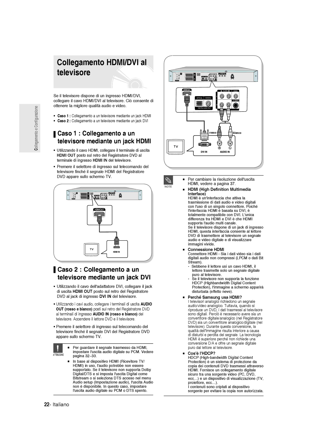 Samsung DVD-R136/XET manual Collegamento HDMI/DVI al televisore, Caso 1 Collegamento a un, Televisore mediante un jack Hdmi 