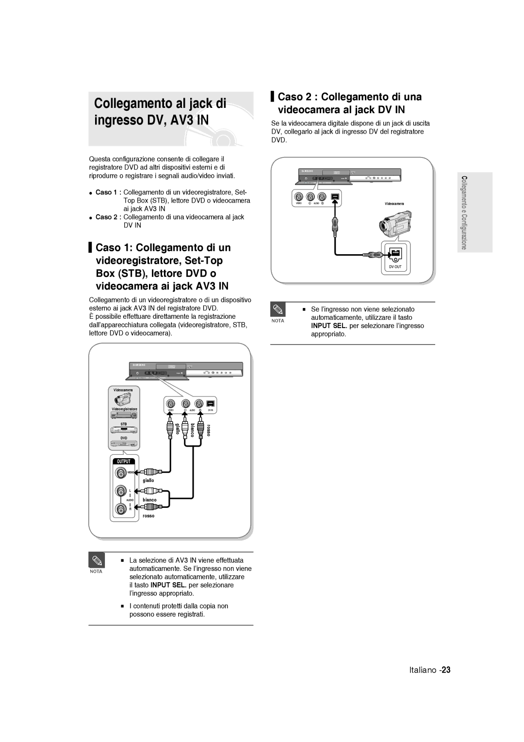 Samsung DVD-R136/XET manual Collegamento al jack di ingresso DV, AV3, Caso 2 Collegamento di una videocamera al jack DV 