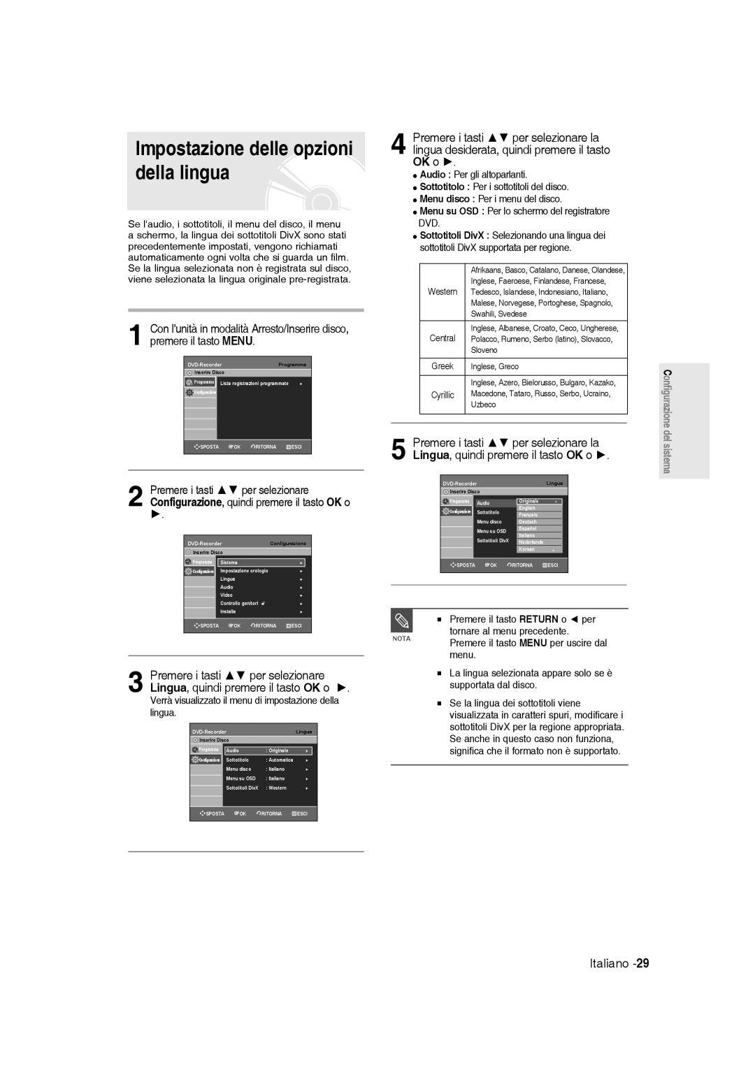 Samsung DVD-R136/XET Impostazione delle opzioni della lingua, Verrà visualizzato il menu di impostazione della lingua 