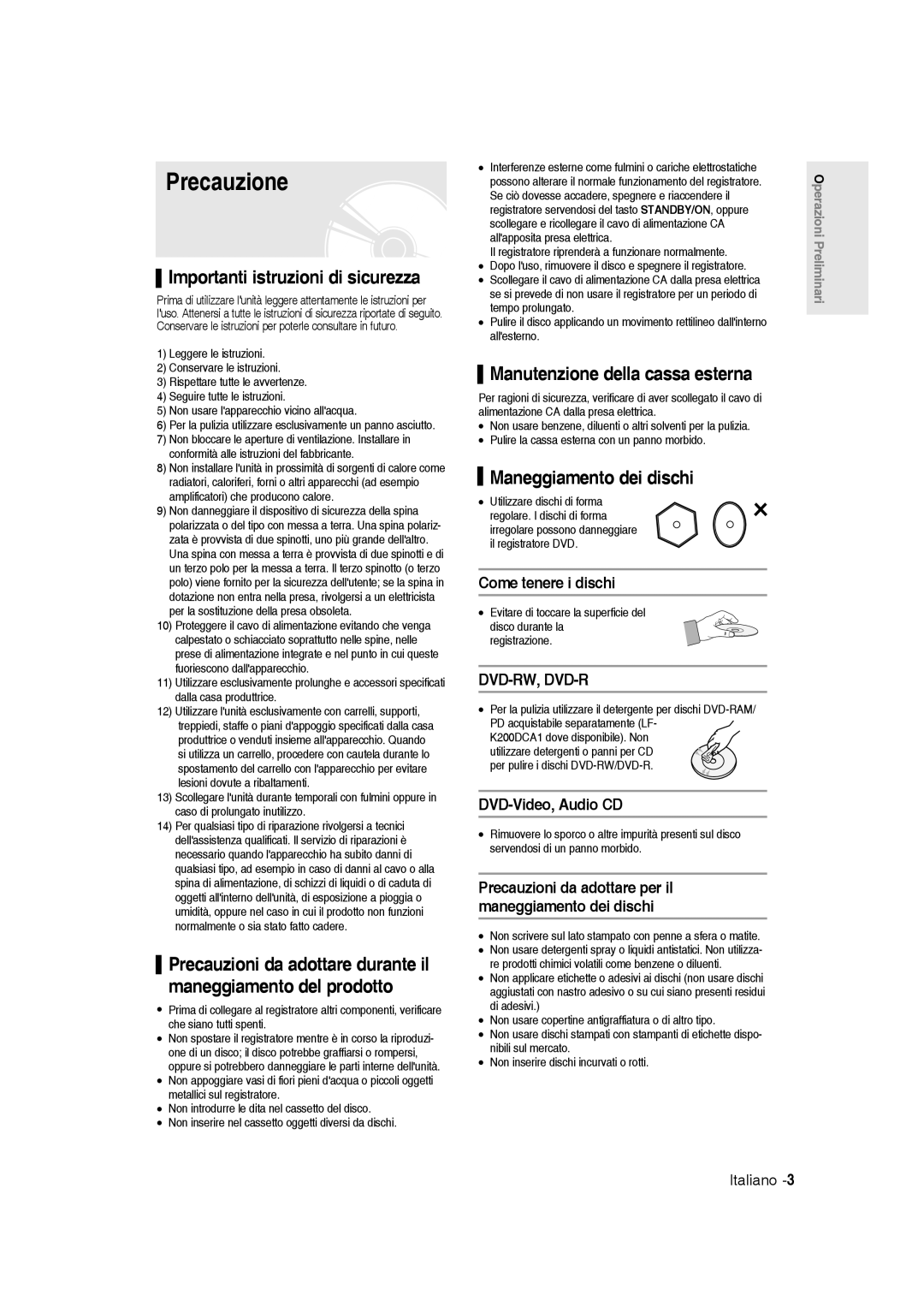 Samsung DVD-R136/XET manual Precauzione, Importanti istruzioni di sicurezza, Manutenzione della cassa esterna 