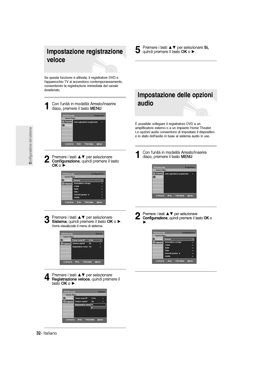 Samsung DVD-R136/XET manual Impostazione delle opzioni audio, Impostazione registrazione veloce 