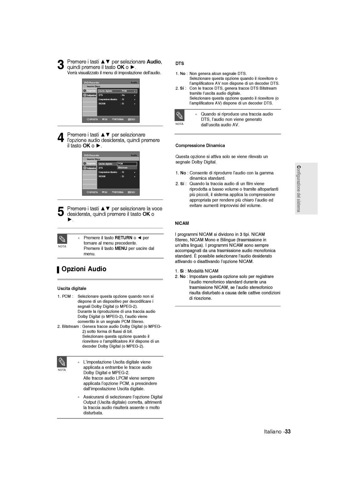 Samsung DVD-R136/XET manual Opzioni Audio, Verrà visualizzato il menu di impostazione dell’audio, Uscita digitale 