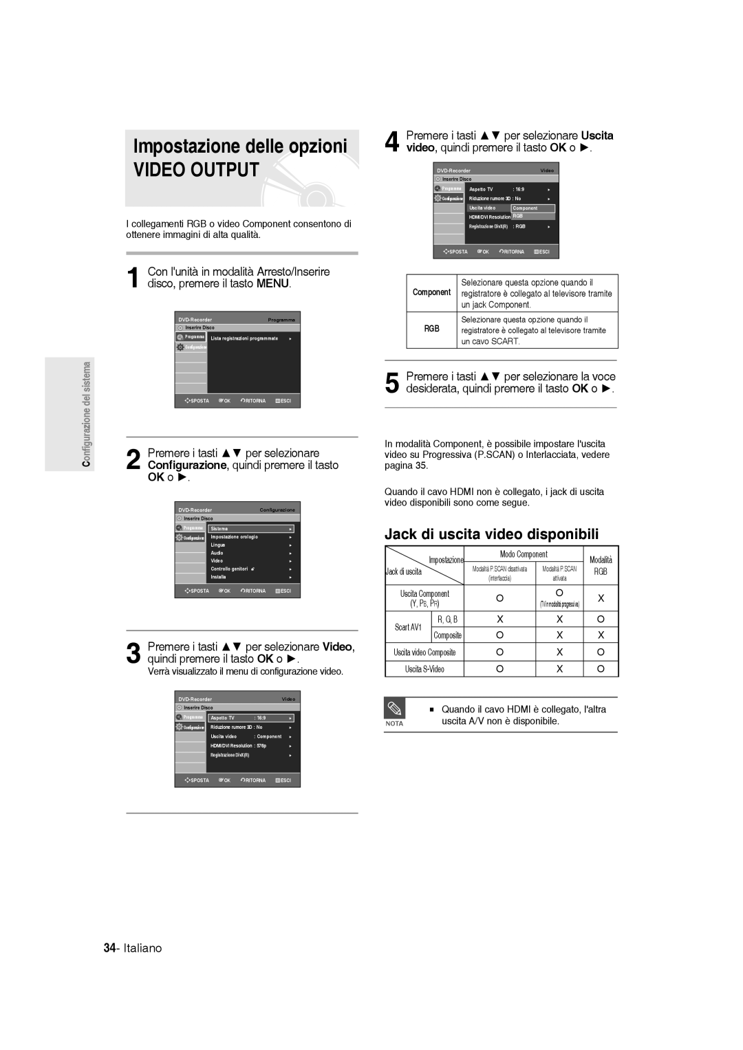 Samsung DVD-R136/XET manual Impostazione delle opzioni, Jack di uscita video disponibili, Un jack Component, Modo Component 