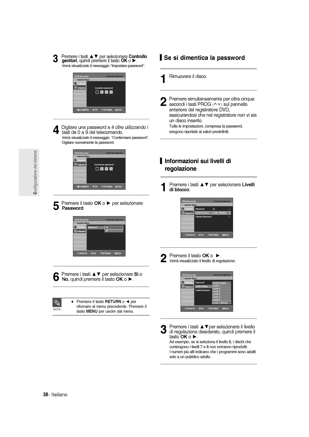 Samsung DVD-R136/XET manual Se si dimentica la password, Informazioni sui livelli di regolazione 