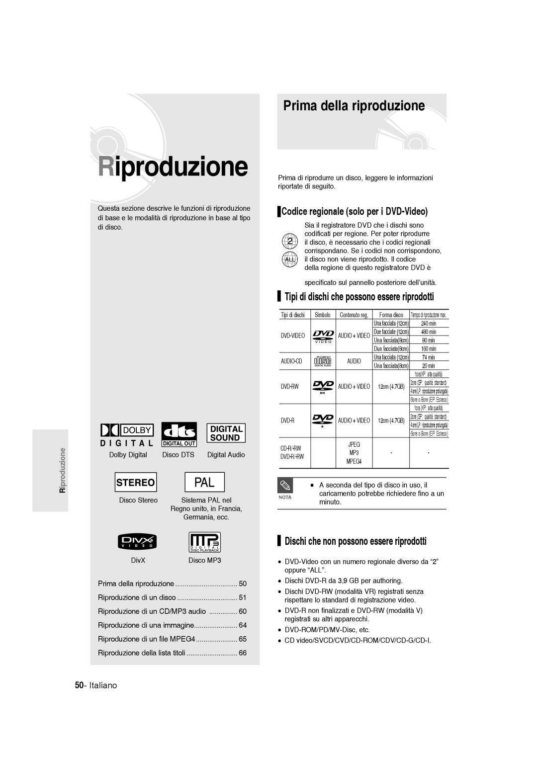 Samsung DVD-R136/XET manual Prima della riproduzione, Codice regionale solo per i DVD-Video 