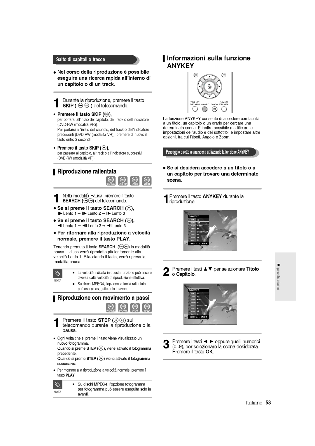 Samsung DVD-R136/XET manual Riproduzione rallentata, Informazioni sulla funzione, Salto di capitoli o tracce 