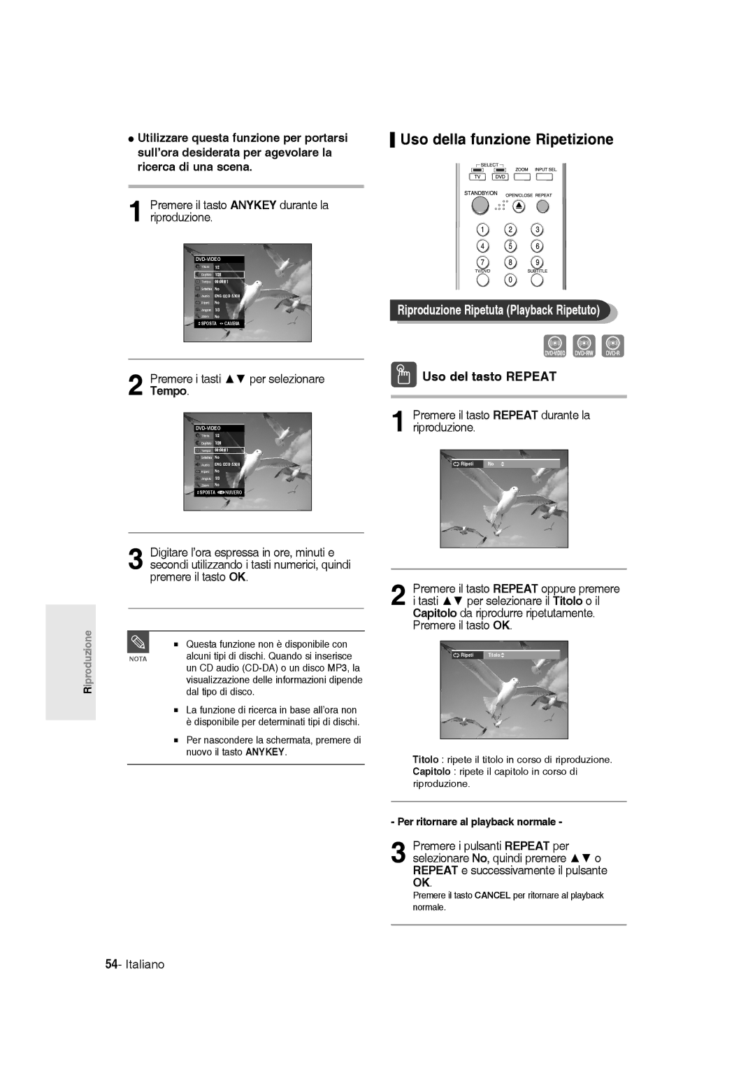 Samsung DVD-R136/XET manual Uso della funzione Ripetizione, Riproduzione Ripetuta Playback Ripetuto, Uso del tasto Repeat 