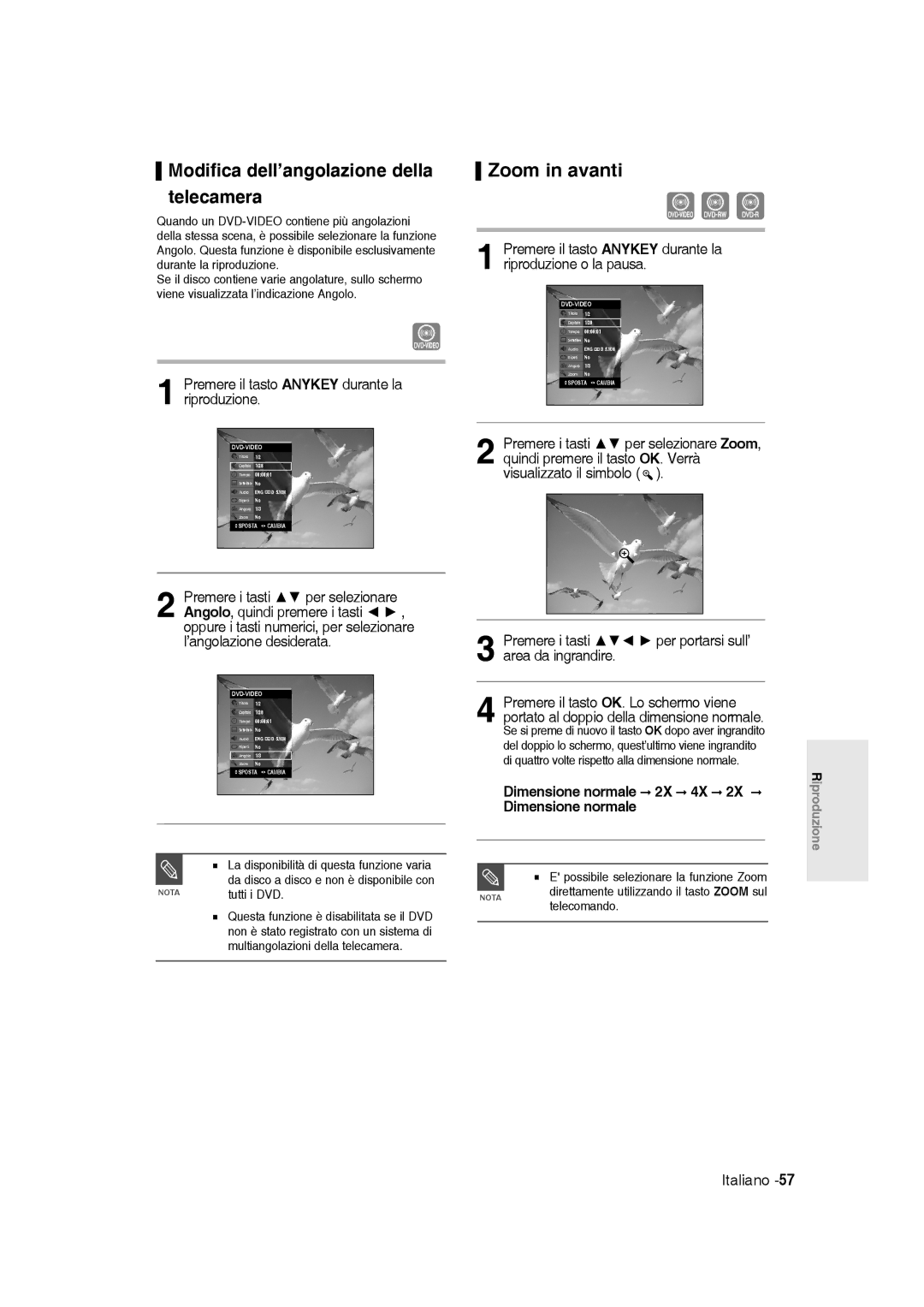 Samsung DVD-R136/XET manual Modifica dell’angolazione della telecamera, Zoom in avanti 