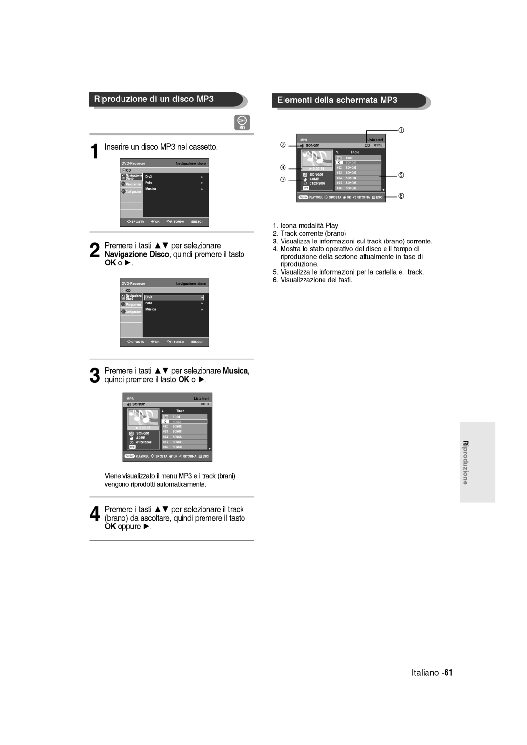 Samsung DVD-R136/XET manual Riproduzione di un disco MP3, Elementi della schermata MP3, Inserire un disco MP3 nel cassetto 