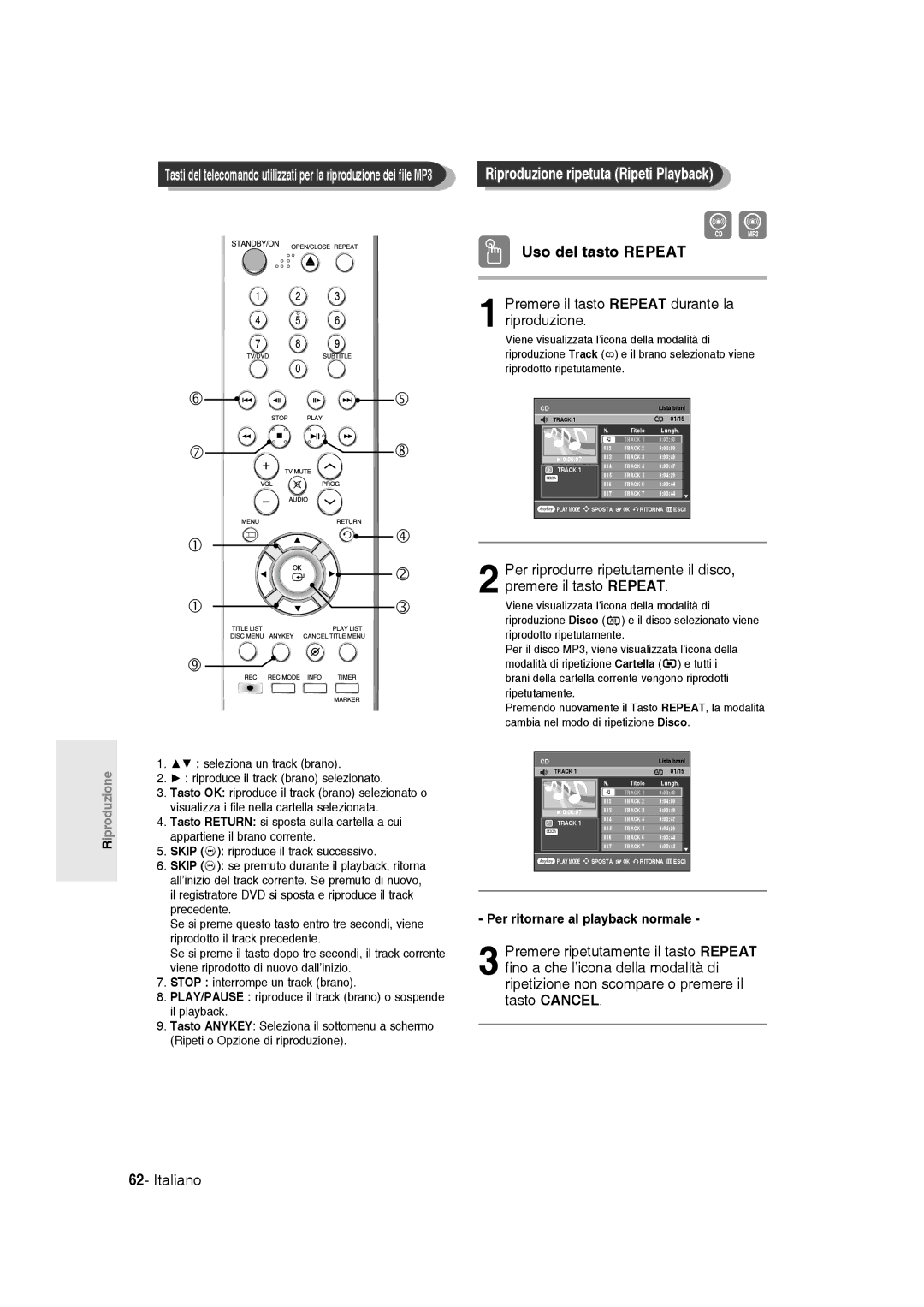 Samsung DVD-R136/XET manual Riproduzione ripetuta Ripeti Playback 