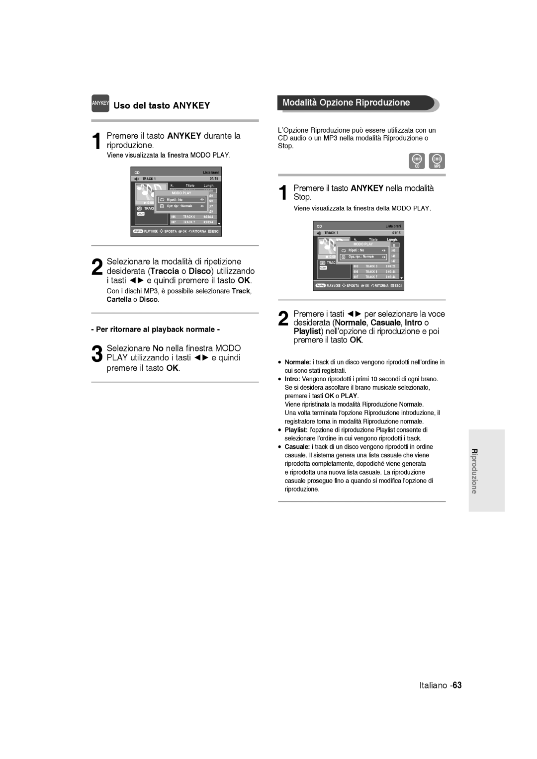 Samsung DVD-R136/XET manual Modalità Opzione Riproduzione, Premere il tasto Anykey nella modalità Stop 