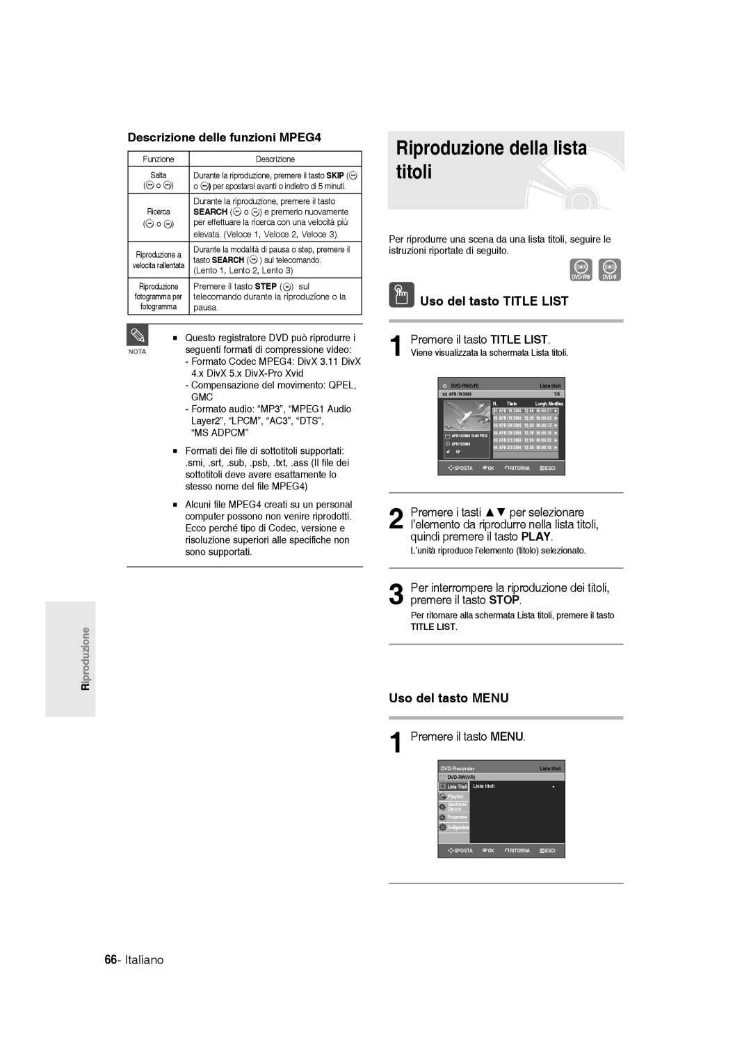 Samsung DVD-R136/XET manual Riproduzione della lista titoli, Uso del tasto Title List, Uso del tasto Menu 