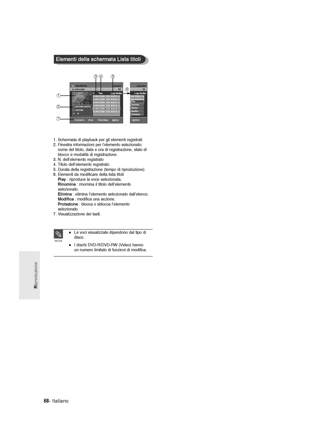 Samsung DVD-R136/XET manual Elementi della schermata Lista titoli 