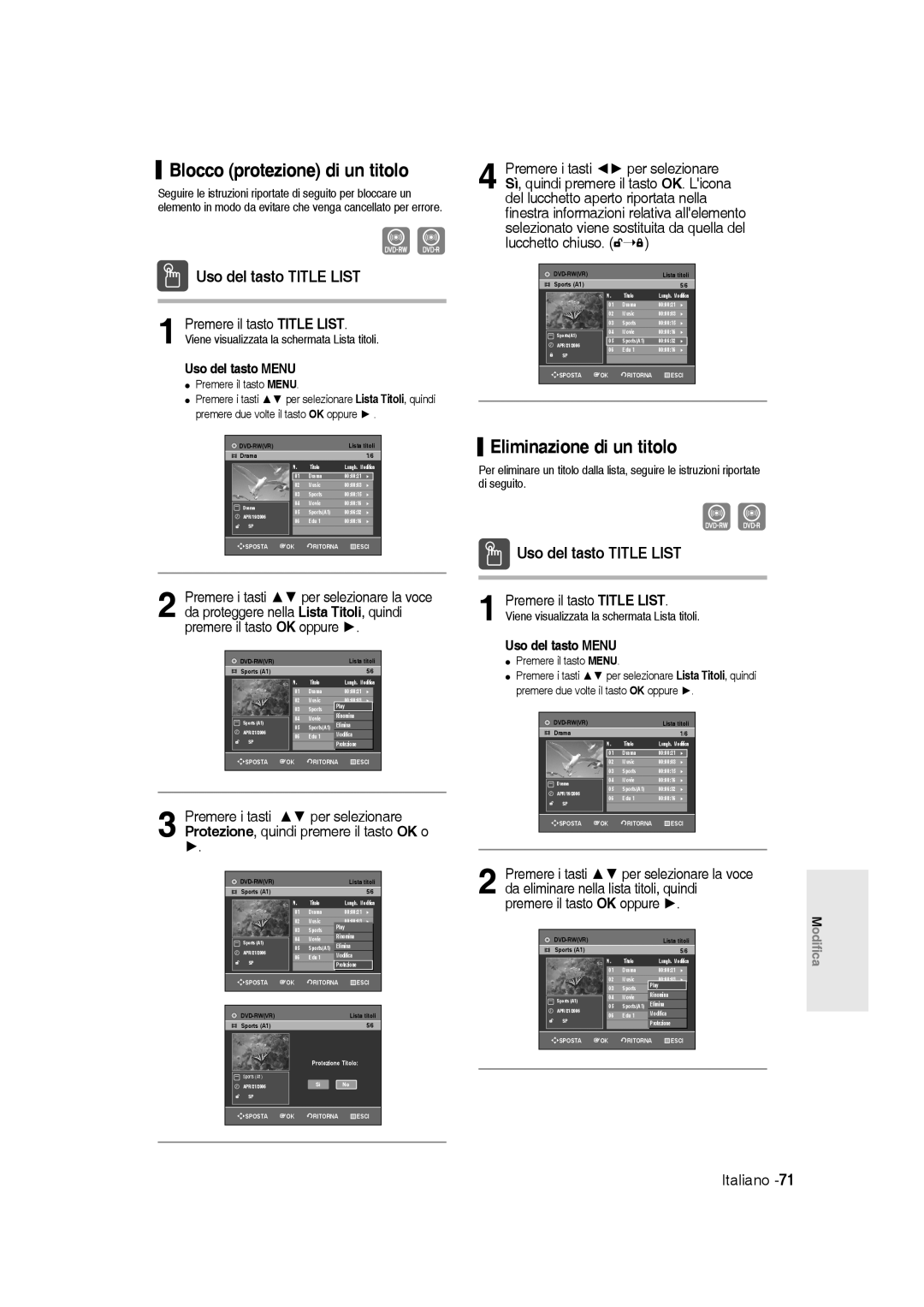 Samsung DVD-R136/XET manual Blocco protezione di un titolo, Eliminazione di un titolo, Lucchetto chiuso 