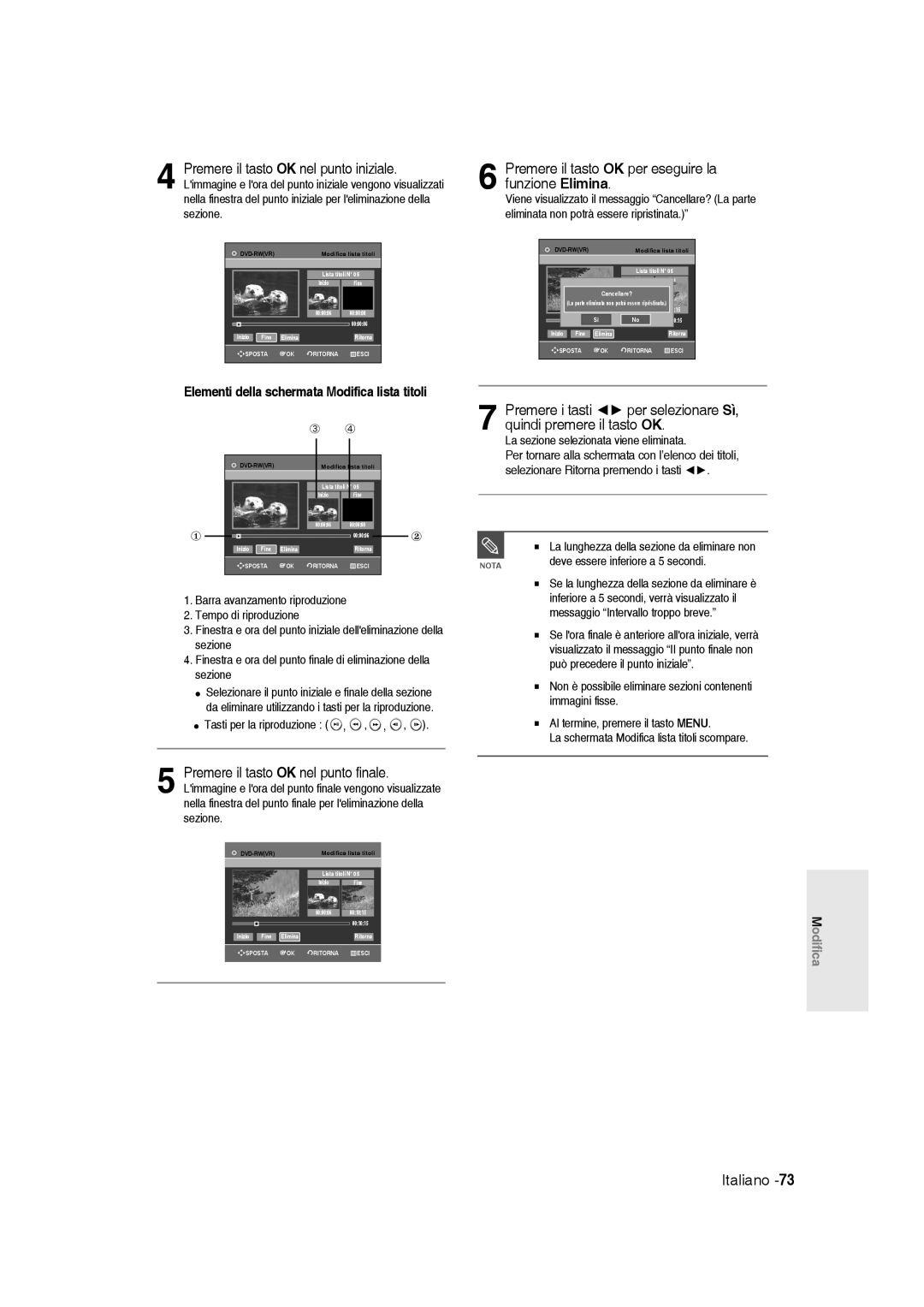 Samsung DVD-R136/XET Premere il tasto OK per eseguire la funzione Elimina, Elementi della schermata Modifica lista titoli 