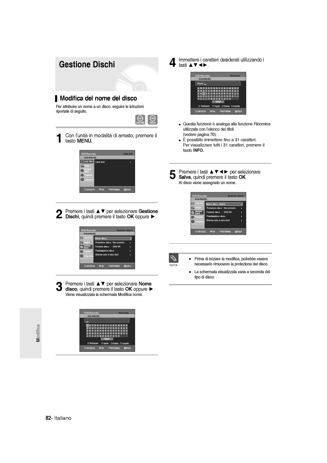 Samsung DVD-R136/XET Gestione Dischi, Modifica del nome del disco, Immettere i caratteri desiderati utilizzando i tasti 