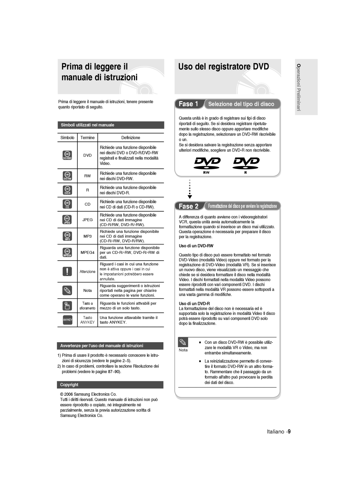 Samsung DVD-R136/XET manual Uso del registratore DVD, Fase 1 Selezione del tipo di disco, Uso di un DVD-RW 