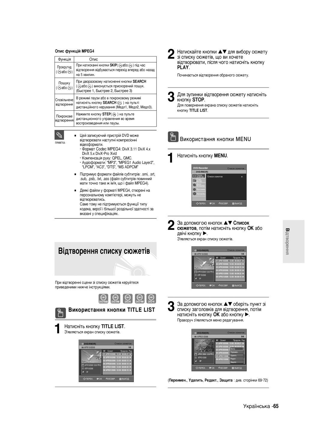 Samsung DVD-R140MK/SEO ¥‰Ú‚ÓÂÌÌﬂ Òôëòíû Ò˛ÊÂÚ¥‚, ÇËÍÓËÒÚ‡ÌÌﬂ Íìóôíë Title List, ‡ÚËÒÌ¥Ú¸ Íìóôíû Menu, ÉÔËÒ ÙÛÌÍˆ¥È MPEG4 