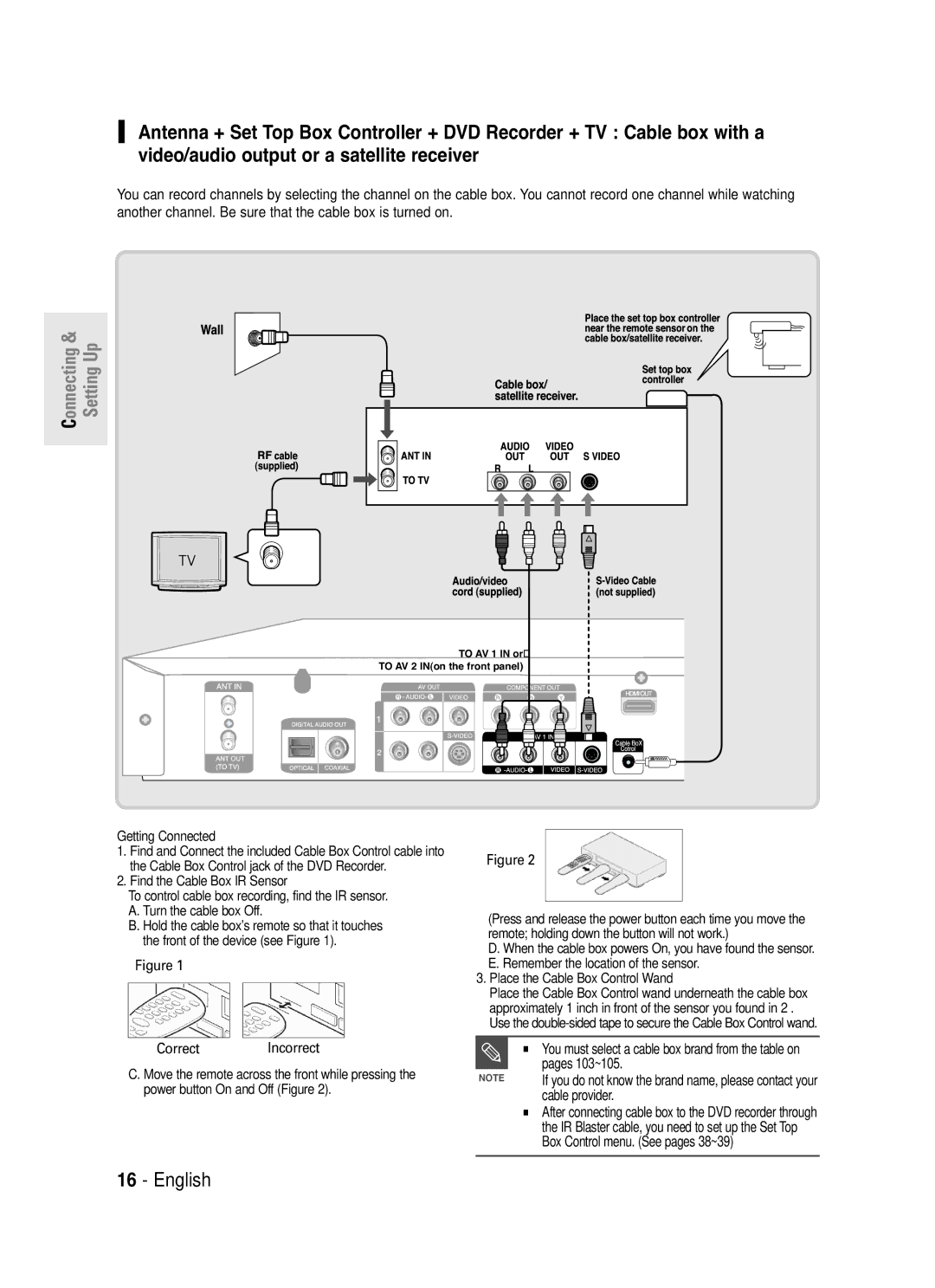 Samsung DVD-R145 instruction manual Pages 103~105, Cable provider, Getting Connected, Place the Cable Box Control Wand 