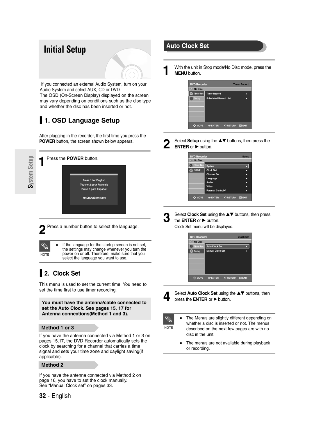 Samsung DVD-R145 instruction manual Initial Setup, OSD Language Setup, Auto Clock Set 