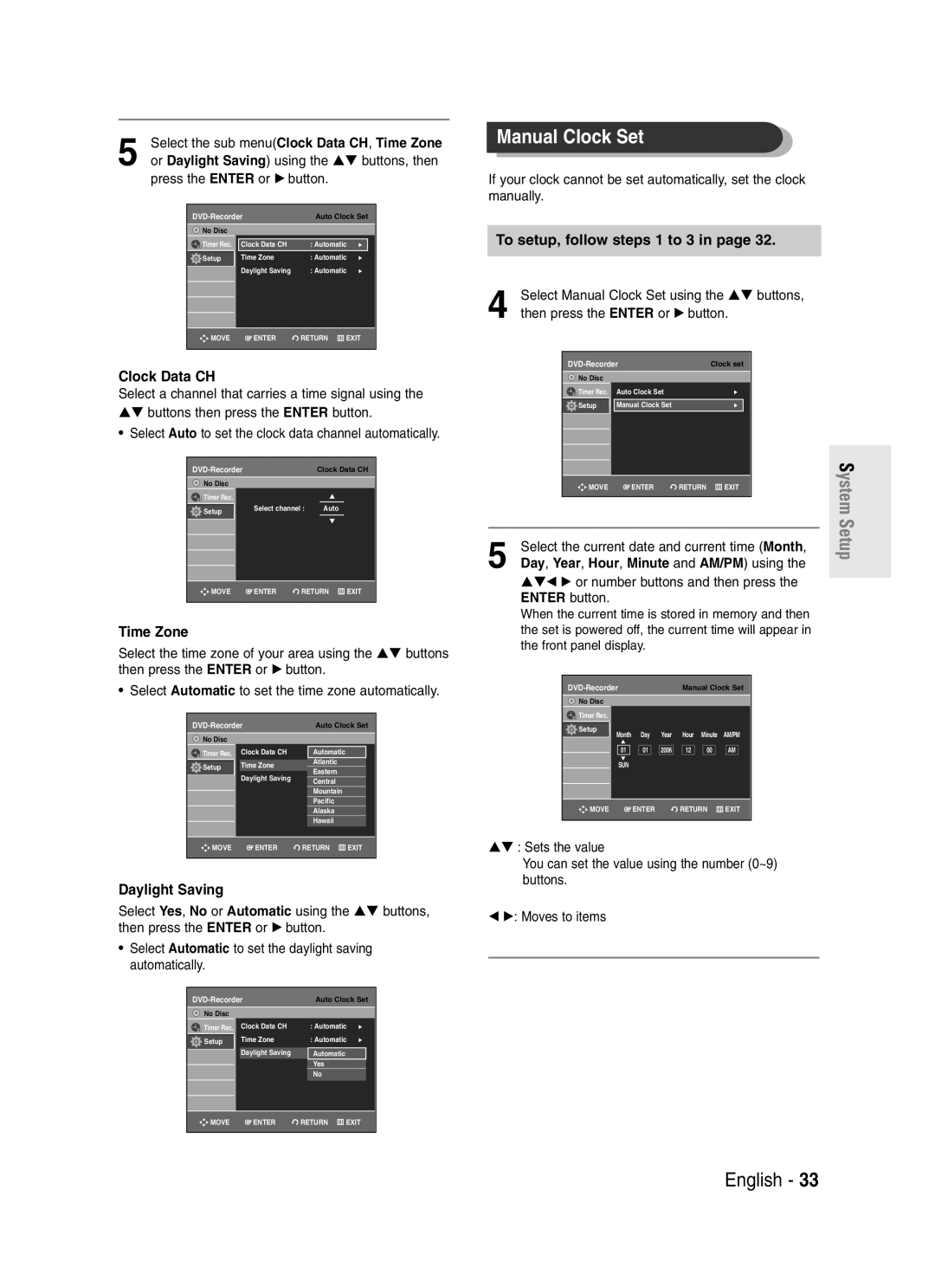 Samsung DVD-R145 Manual Clock Set, Clock Data CH, Time Zone, Daylight Saving, To setup, follow steps 1 to 3 