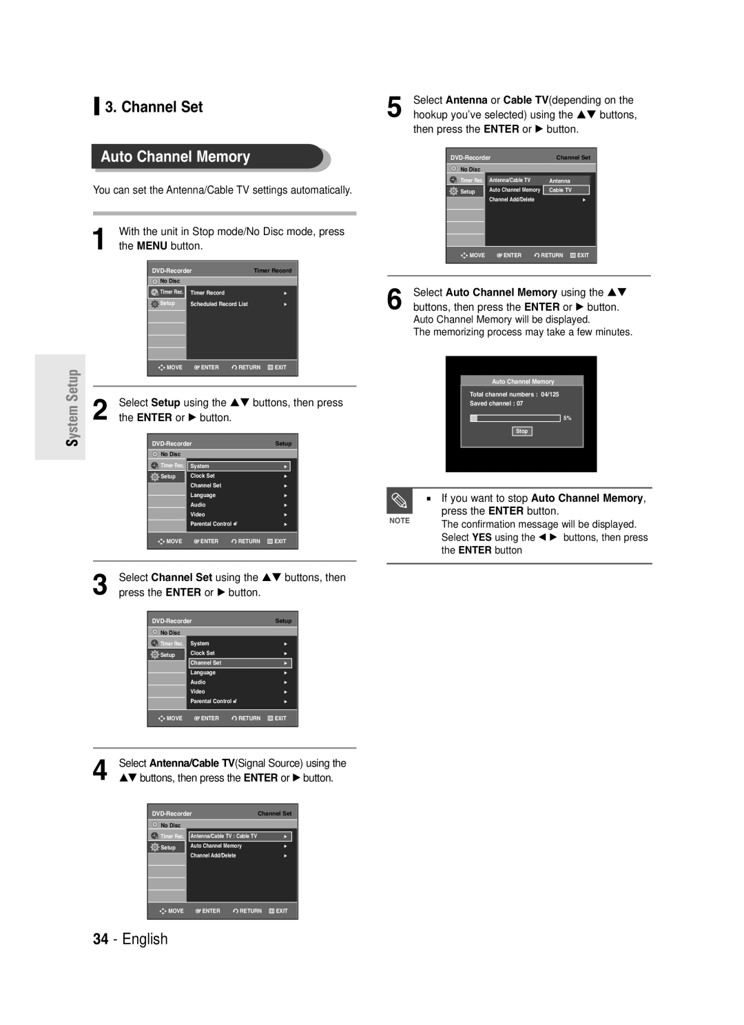 Samsung DVD-R145 instruction manual Auto Channel Memory, Channel Set using, …† buttons, Enter or 