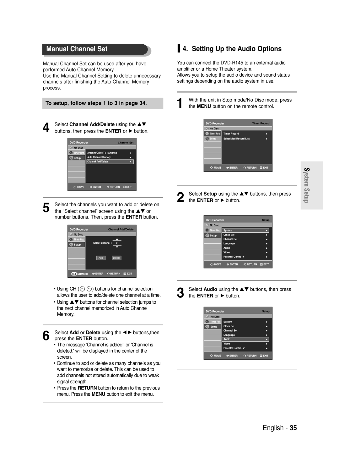 Samsung DVD-R145 instruction manual Manual Channel Set, Setting Up the Audio Options, Select 