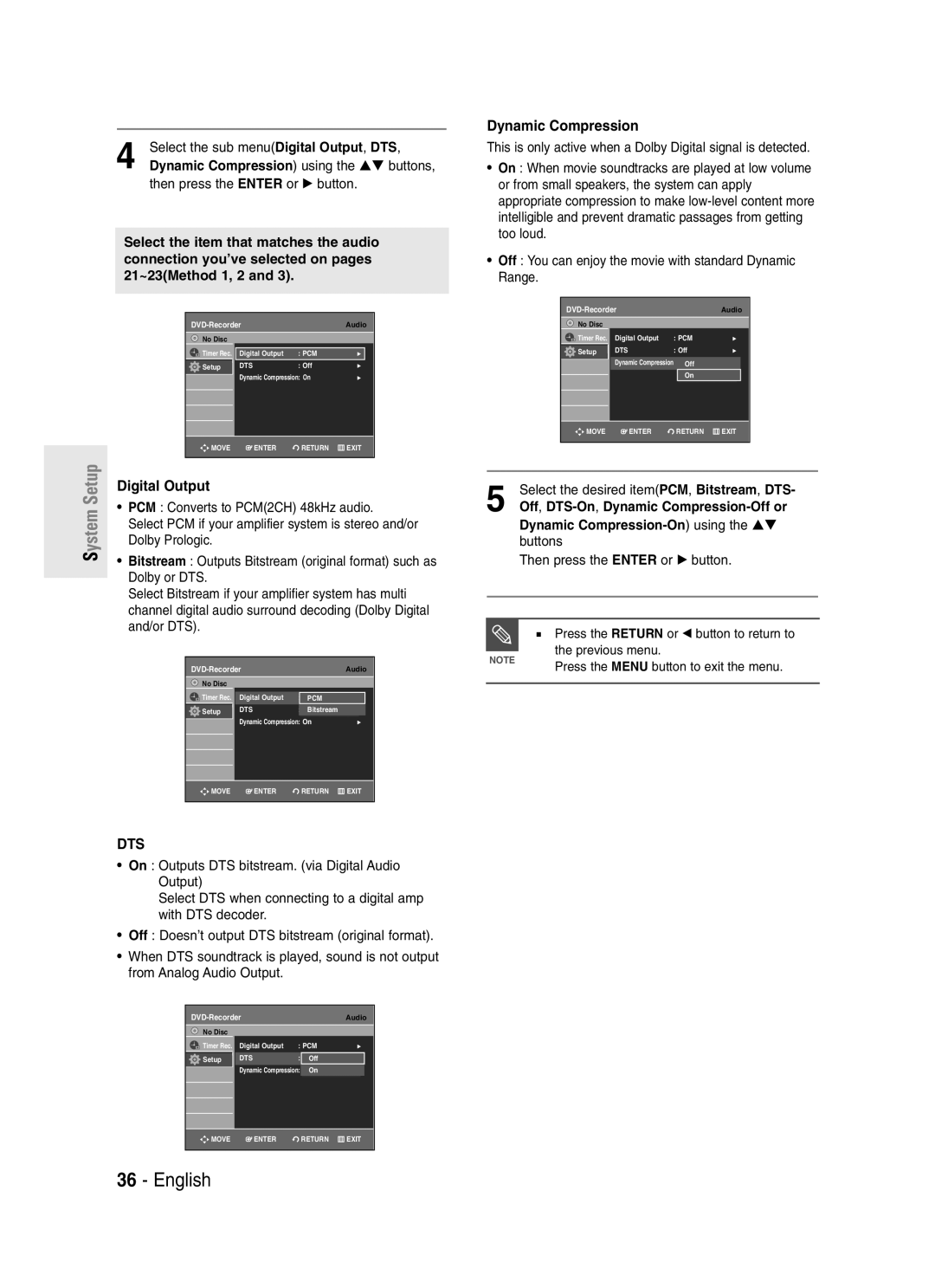 Samsung DVD-R145 instruction manual Digital Output, Dynamic Compression-On using the …† buttons 