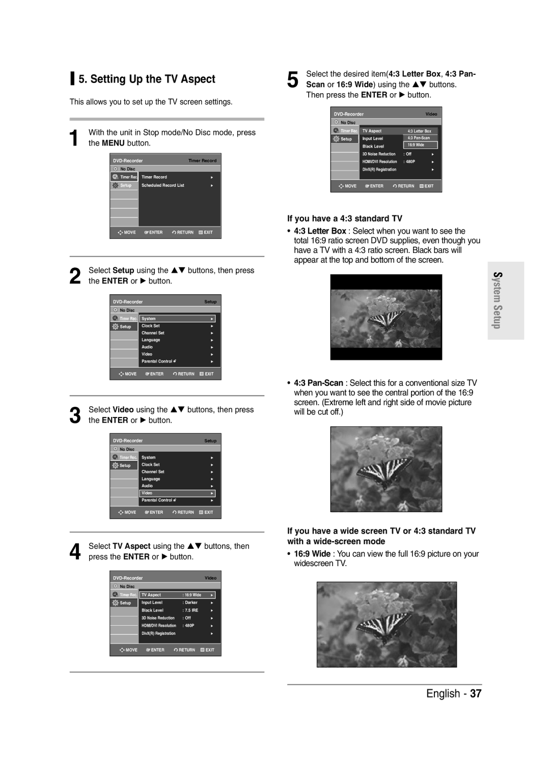 Samsung DVD-R145 instruction manual Setting Up the TV Aspect, If you have a 43 standard TV 