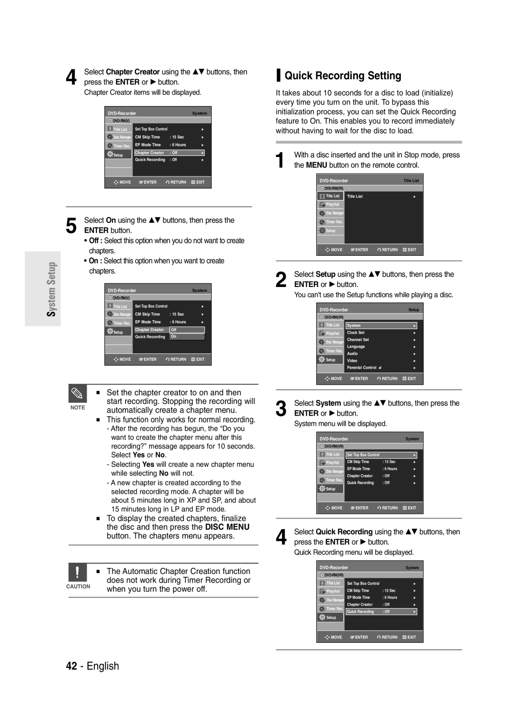 Samsung DVD-R145 instruction manual Quick Recording Setting, This function only works for normal recording 