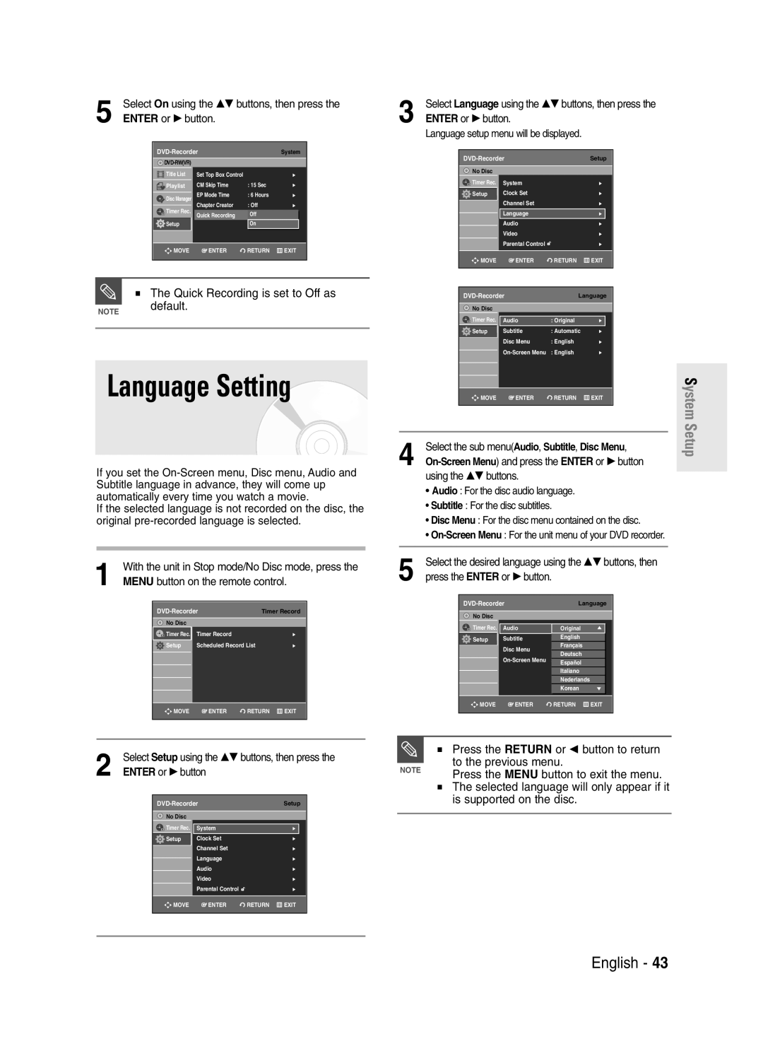 Samsung DVD-R145 Language Setting, Quick Recording is set to Off as, Language setup menu will be displayed 