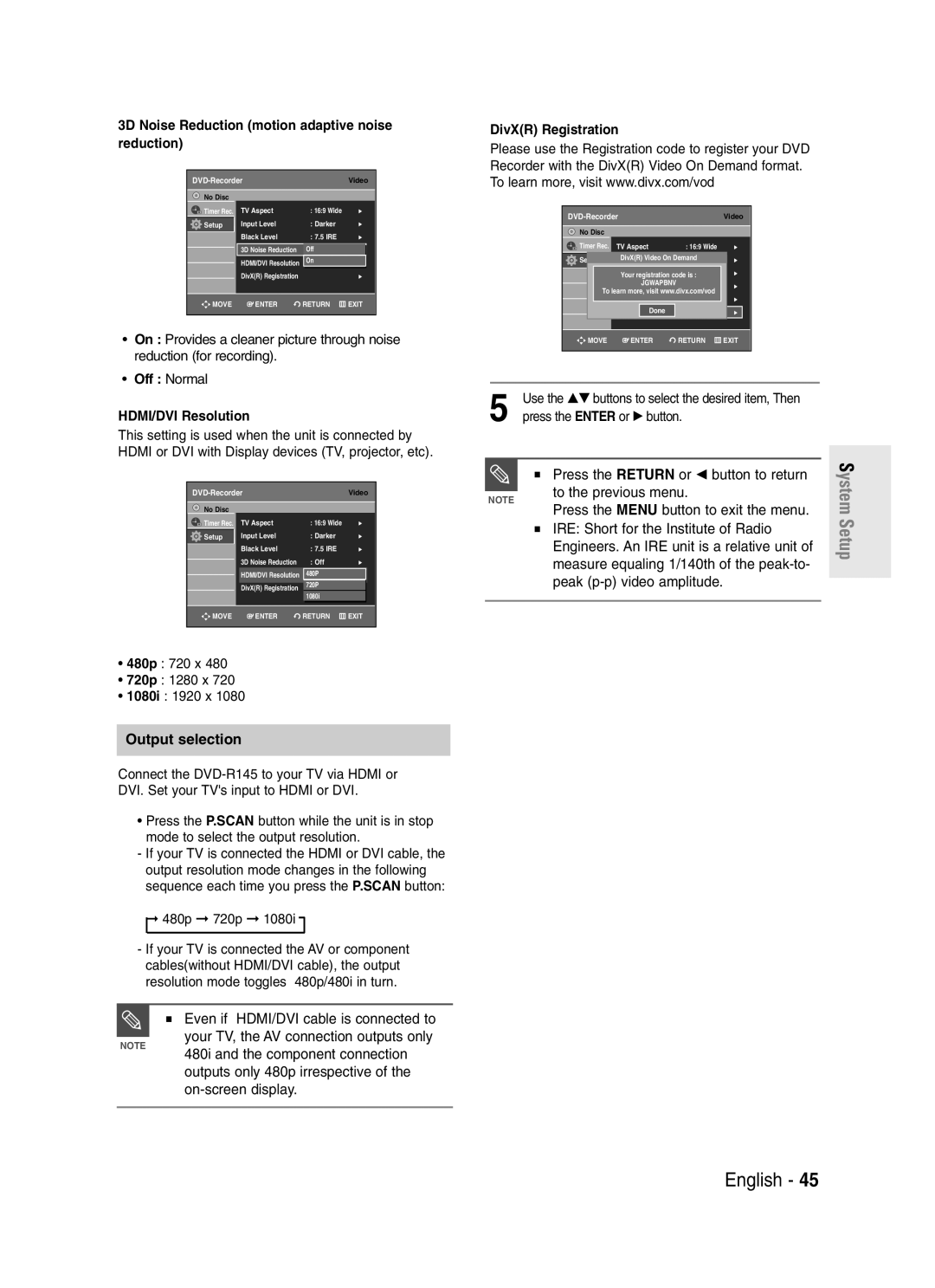 Samsung DVD-R145 Press the Return or œ button to return, To the previous menu Press the Menu button to exit the menu 