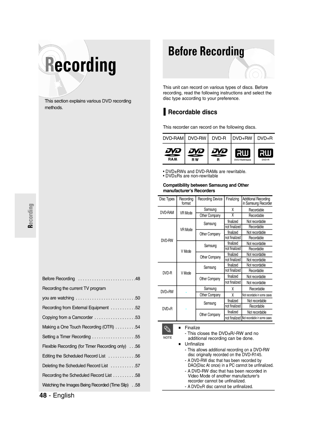 Samsung DVD-R145 instruction manual Before Recording, Recordable discs 