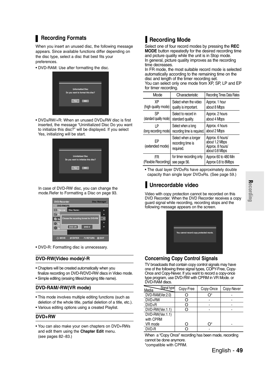 Samsung DVD-R145 instruction manual Recording Formats, Recording Mode, Unrecordable video, Concerning Copy Control Signals 