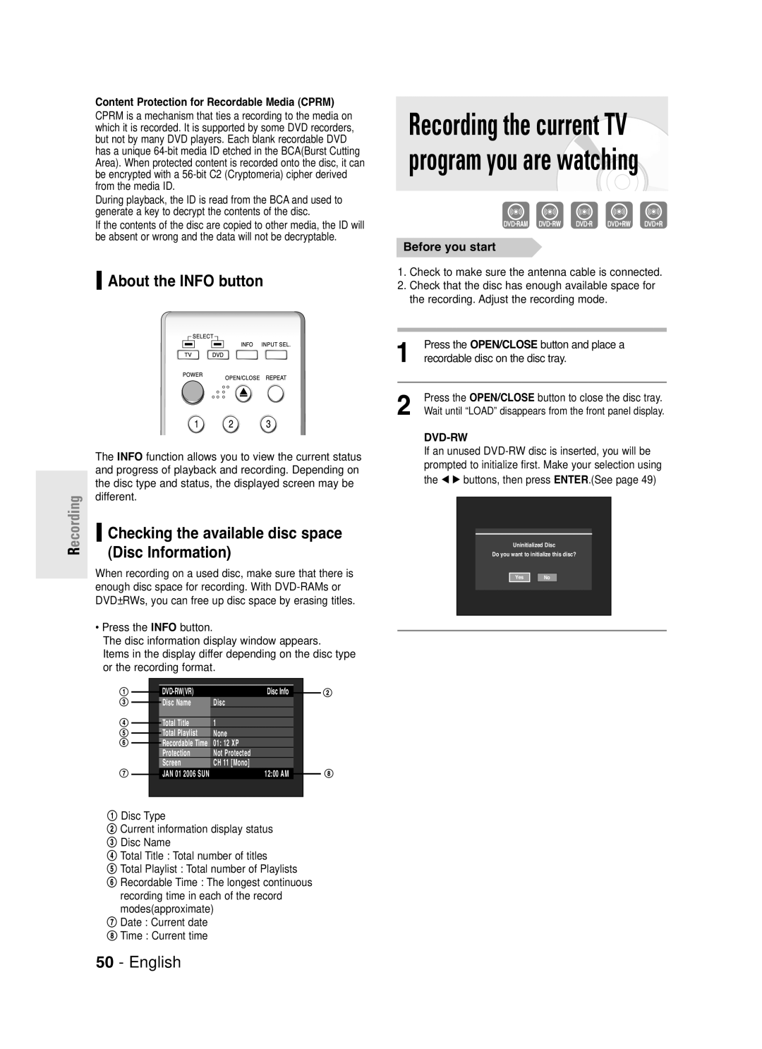 Samsung DVD-R145 instruction manual About the Info button, Disc Information, Before you start, Different, Press Info button 