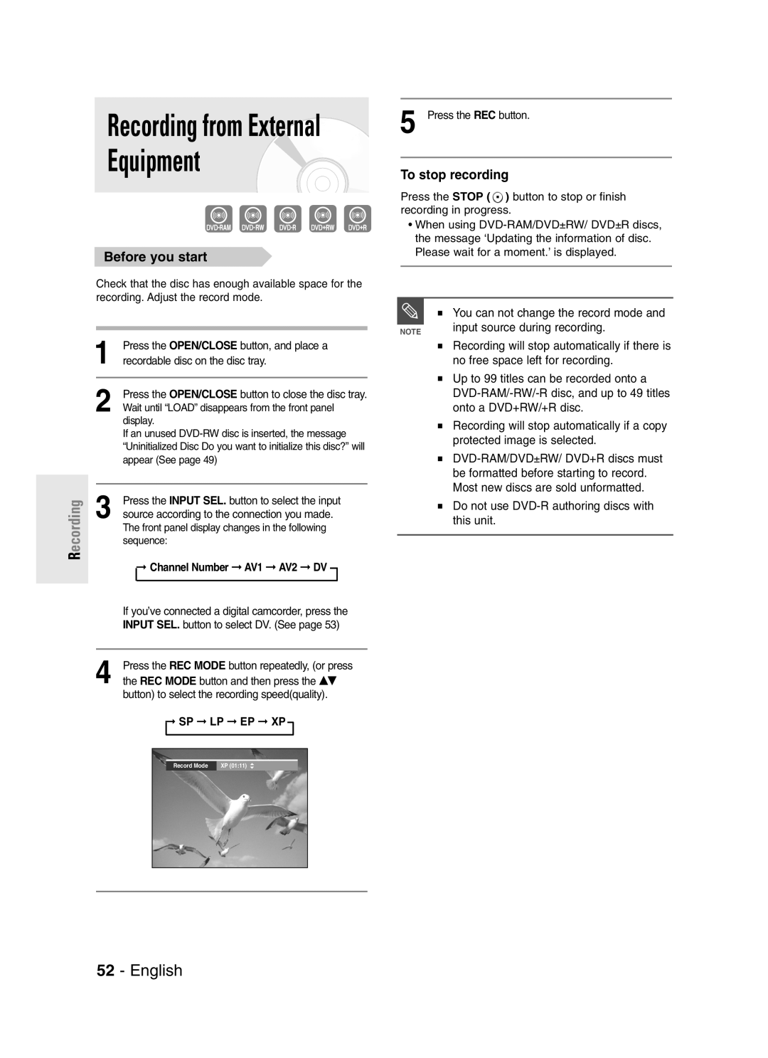 Samsung DVD-R145 instruction manual Equipment, Input source during recording, Channel Number AV1 AV2 DV 