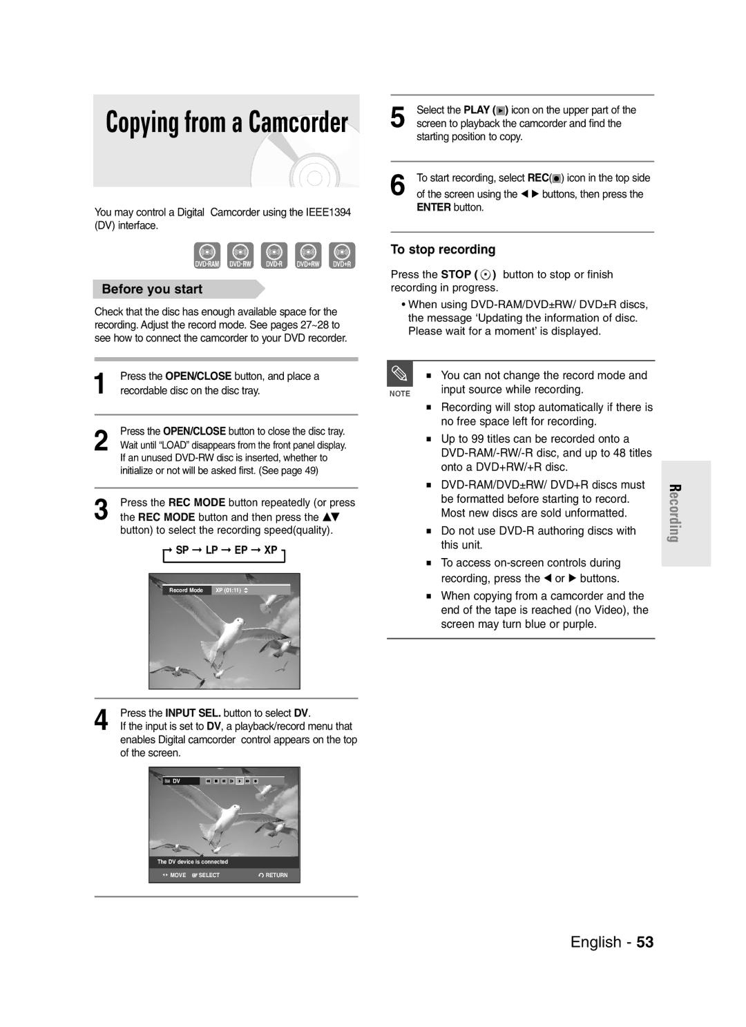 Samsung DVD-R145 instruction manual Input source while recording, Onto a DVD+RW/+R disc DVD-RAM/DVD±RW/ DVD+R discs must 