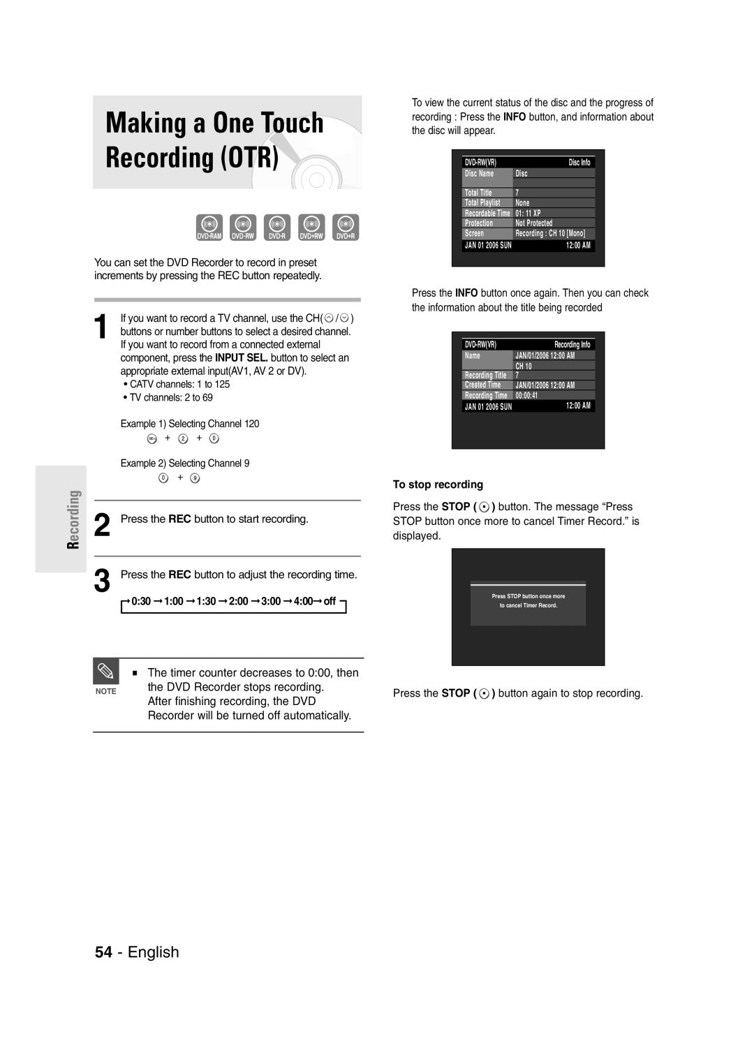 Samsung DVD-R145 DVD Recorder stops recording, After finishing recording, the DVD, 030 100 130 200 300 400off 