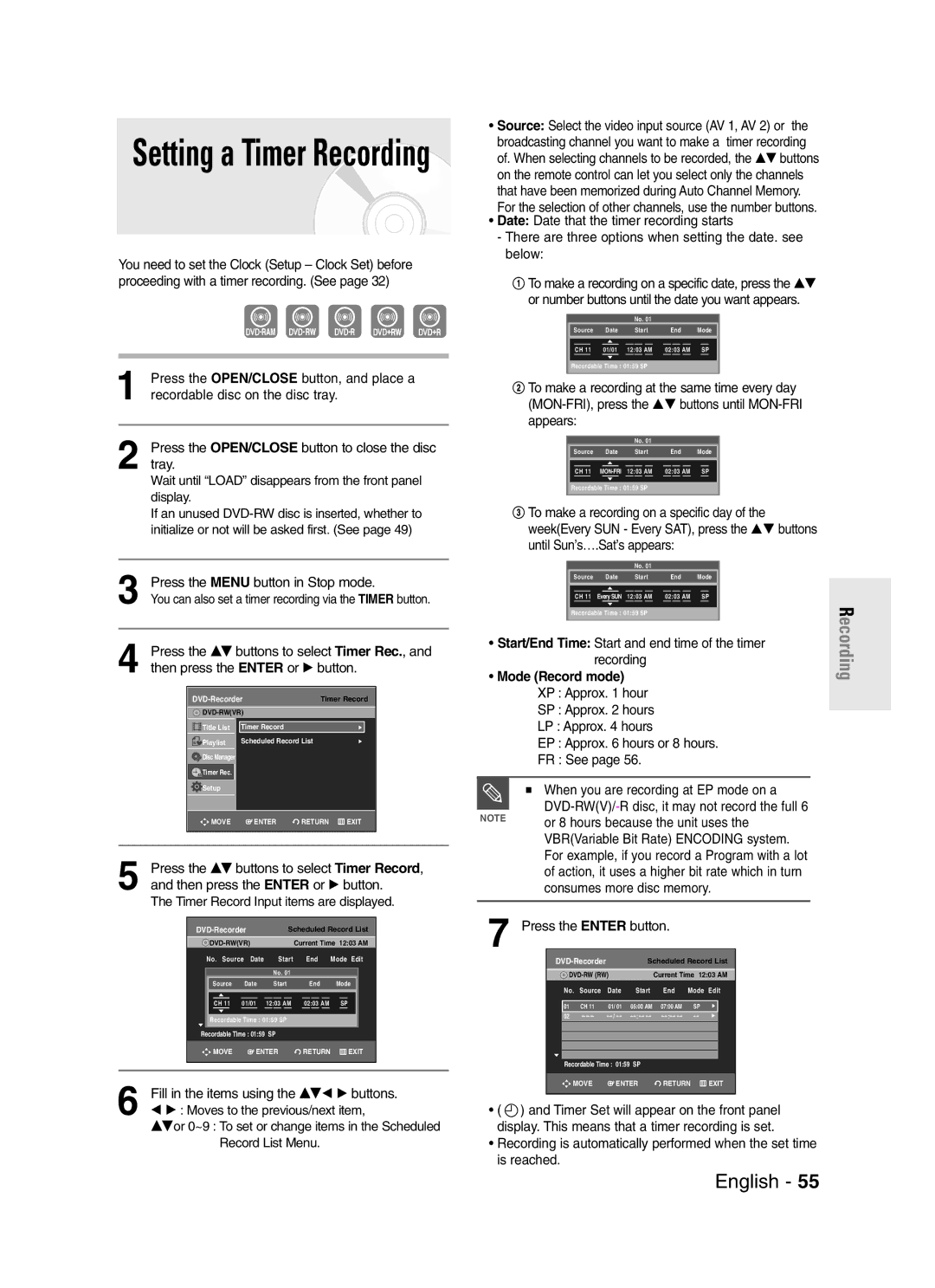 Samsung DVD-R145 Mode Record mode, Or 8 hours because the unit uses, VBRVariable Bit Rate Encoding system 