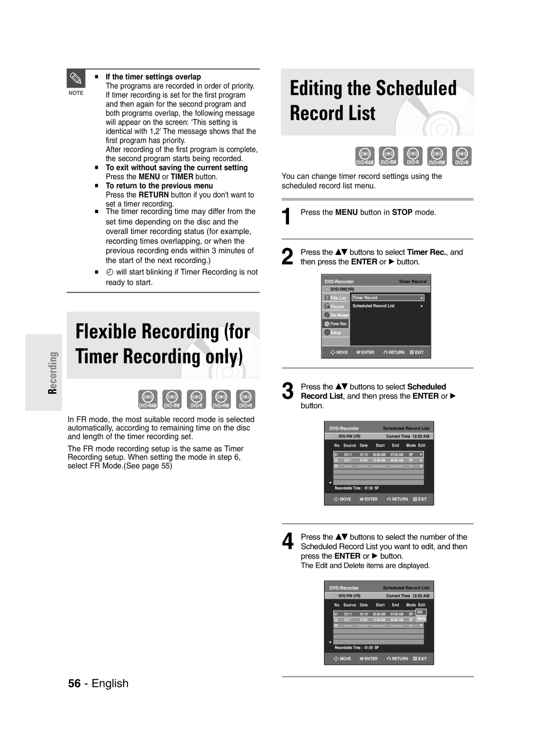 Samsung DVD-R145 instruction manual If the timer settings overlap, To return to the previous menu 